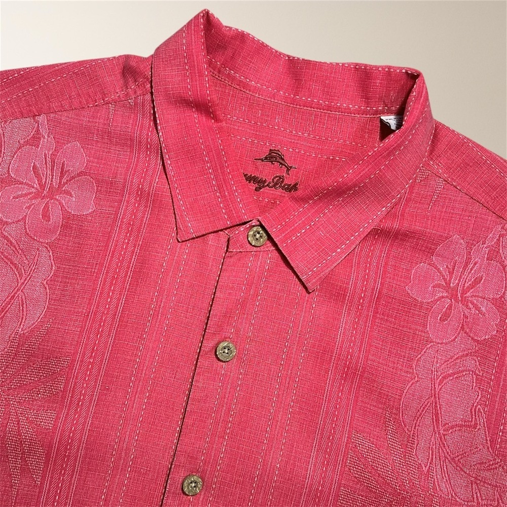 Tommy Bahama Mens 2XLB Coral‎ Red Silk Bali Border Camp Shirt Hawaiian Resort